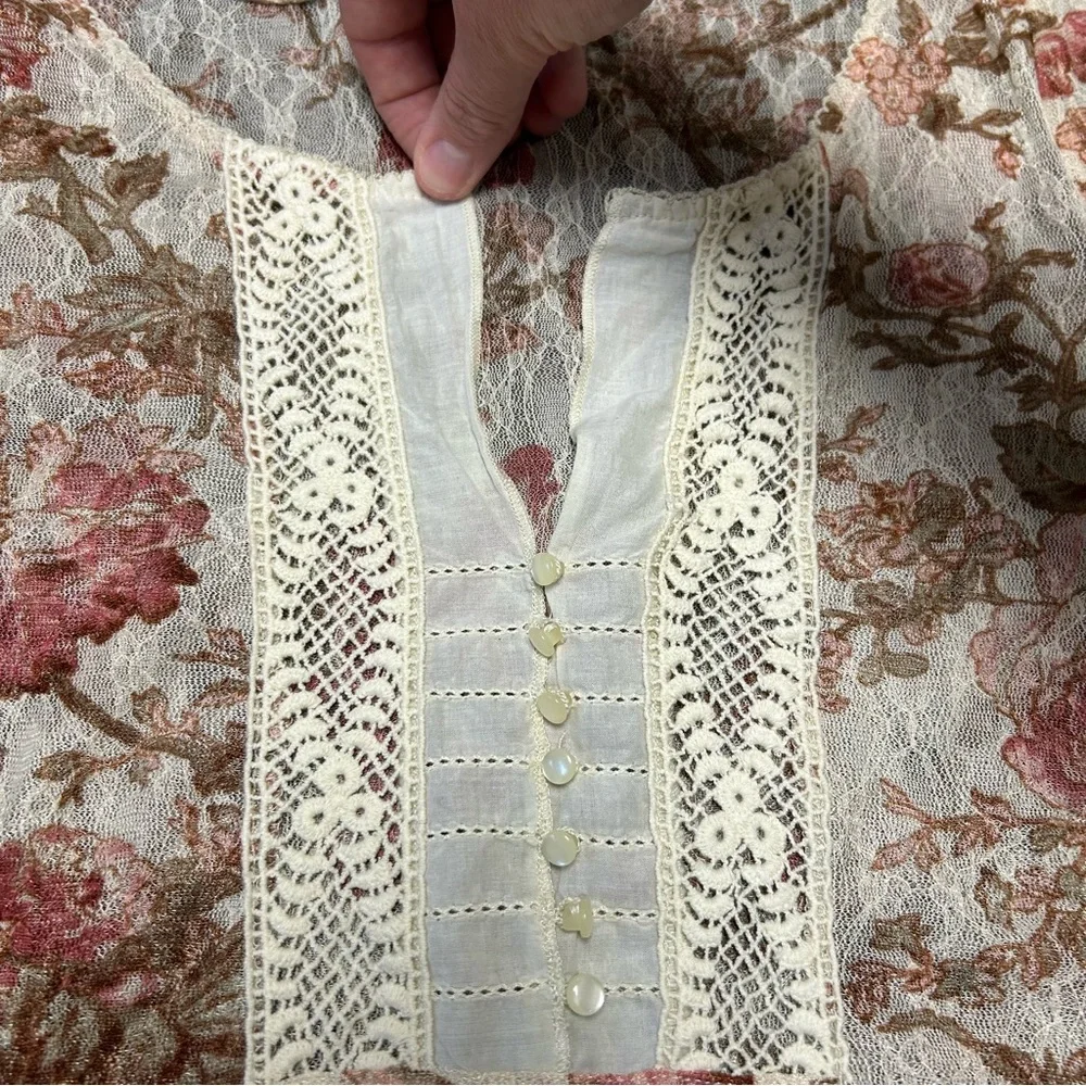 Denim & Supply Ralph Lauren Pink Floral Lace Henley Blouse Y2K Top Size L - Picture 6 of 15